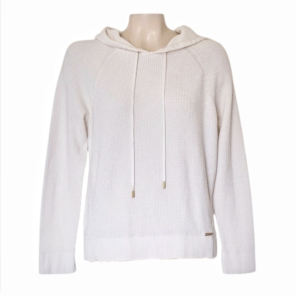 MICHAEL Kors Ivory Waffle Knit Cotton Blend Pullover Hoodie Sweater Loungwear L
